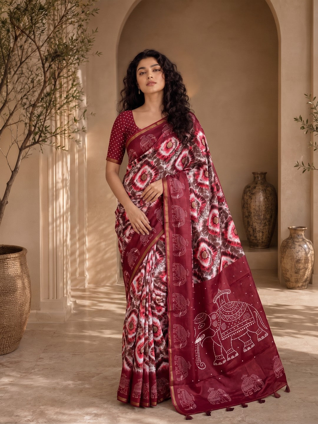 Peachmode Wine Malai Cotton Fancy Digital Print Saree - Image 3