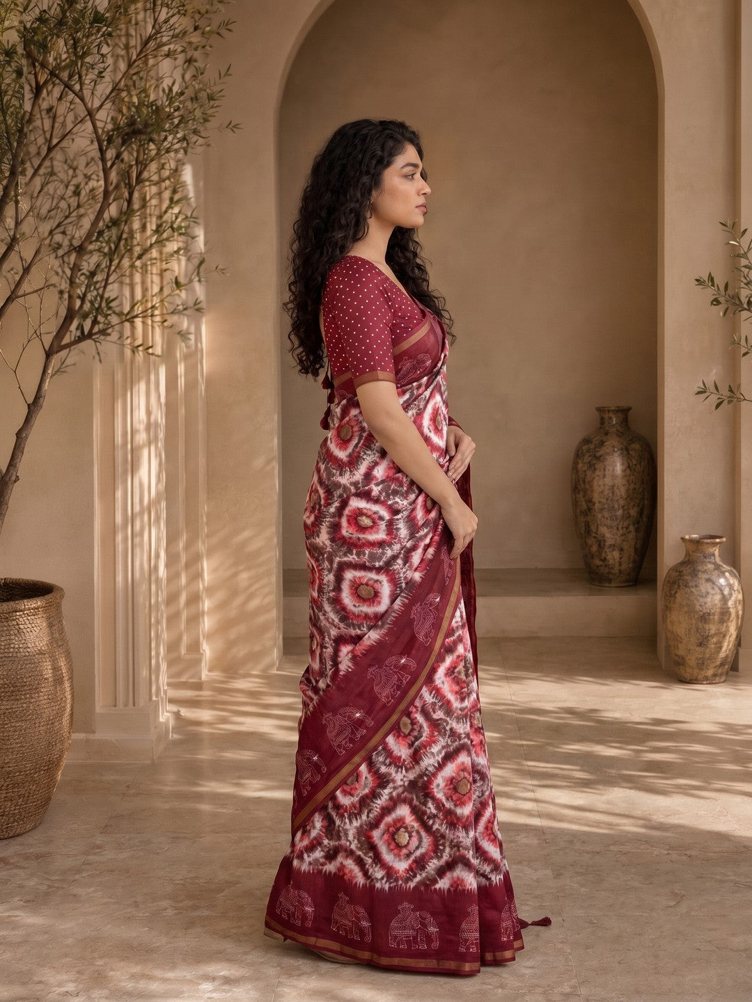 Peachmode Wine Malai Cotton Fancy Digital Print Saree - Image 4
