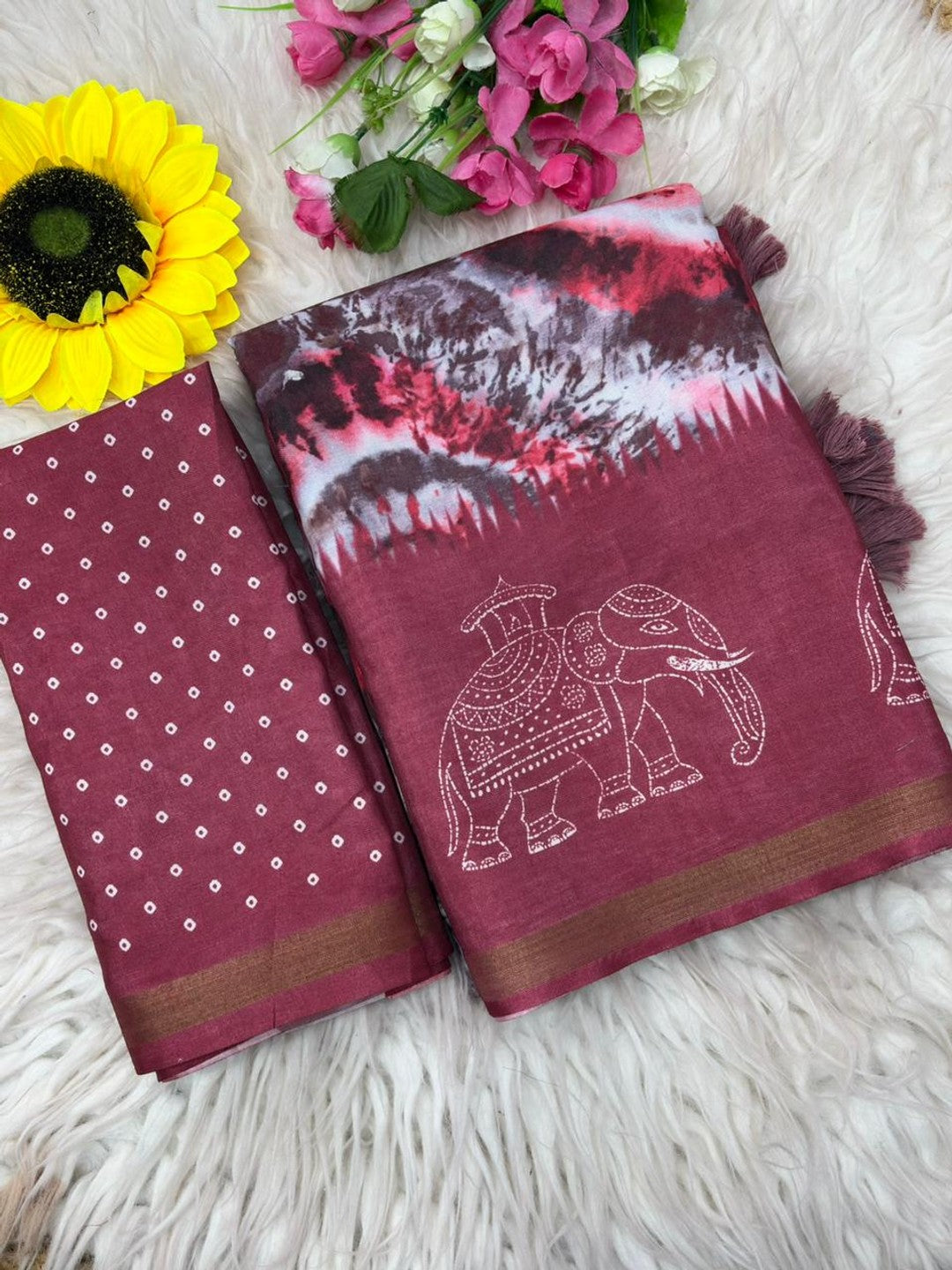 Peachmode Wine Malai Cotton Fancy Digital Print Saree - Image 7