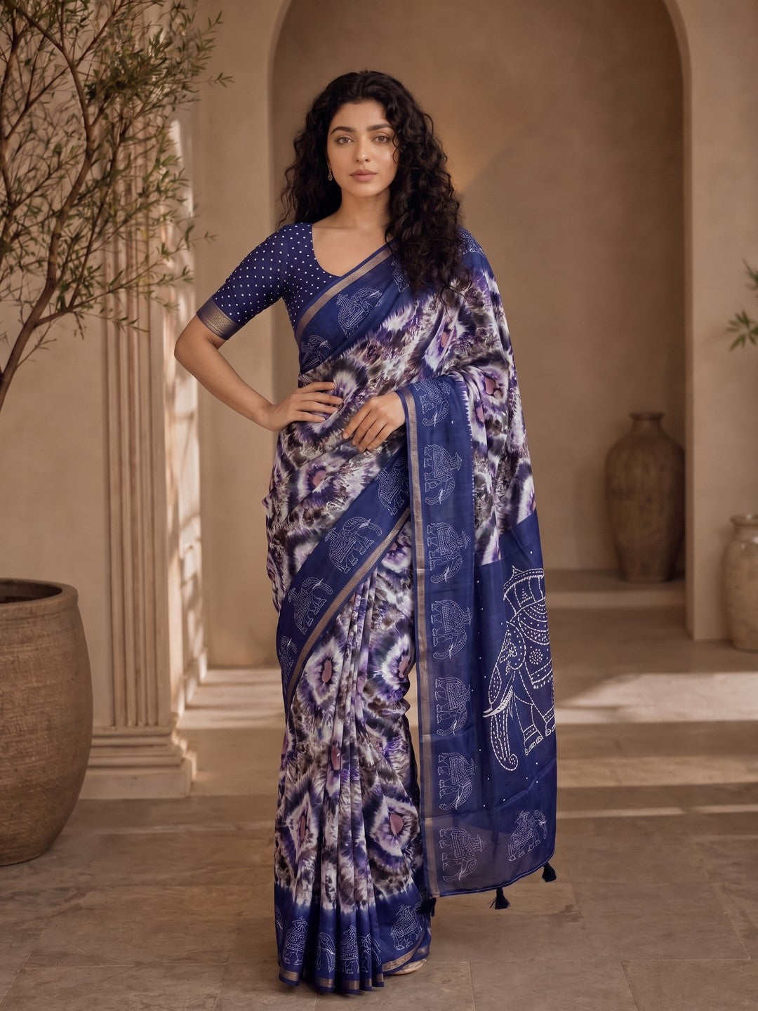 Peachmode Purple Malai Cotton Fancy Digital Print Saree - Image 3