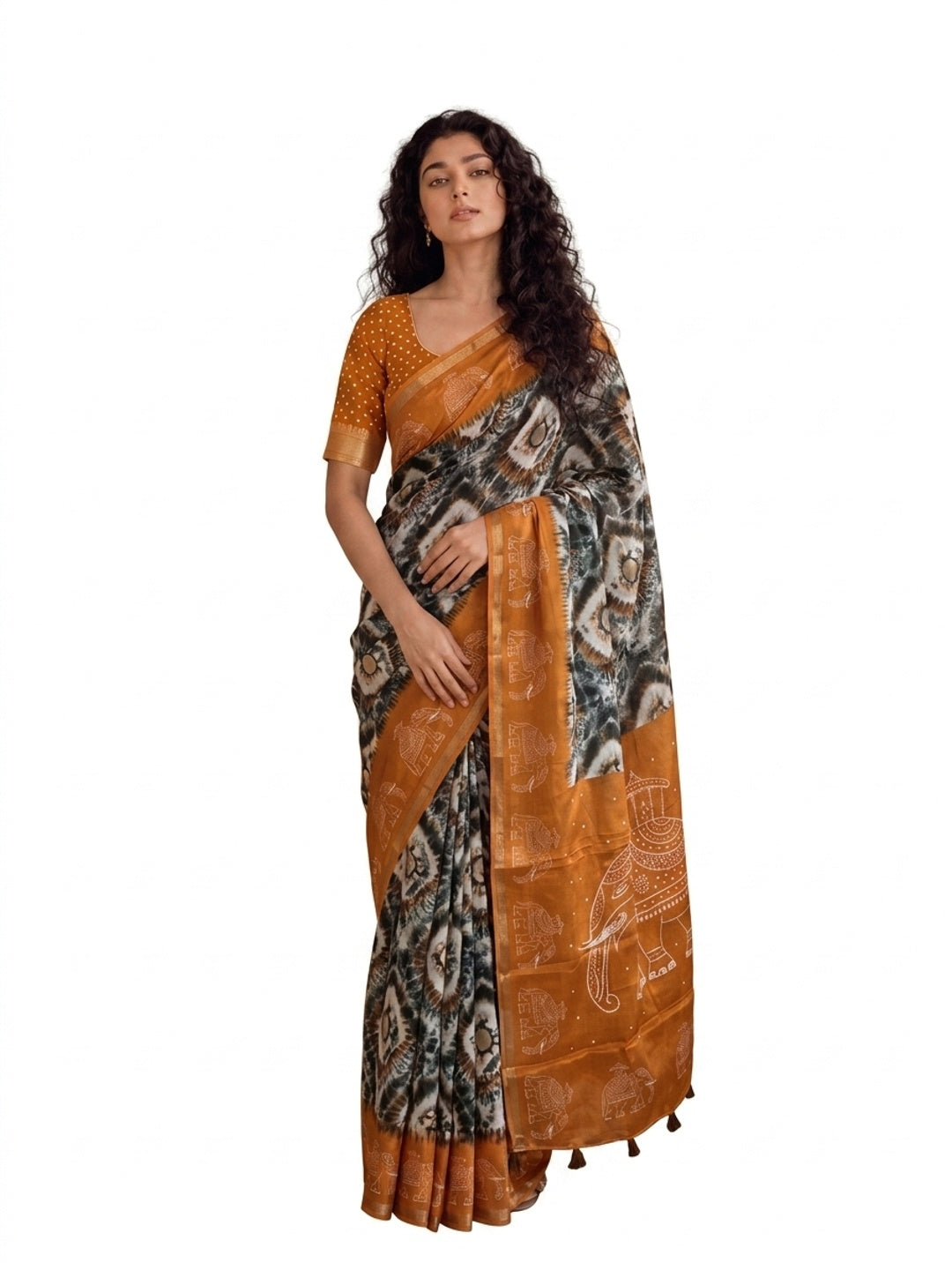 Peachmode Mustard Malai Cotton Fancy Digital Print Saree - Image 8