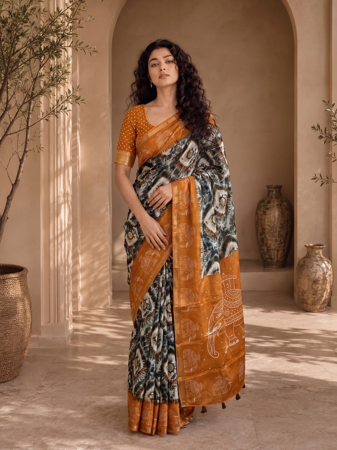 Peachmode Mustard Malai Cotton Fancy Digital Print Saree - Image 1