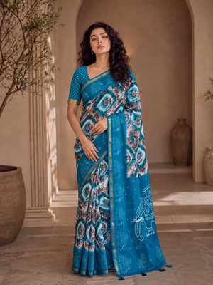 Peachmode Blue Malai Cotton Fancy Digital Print Saree - Image 1