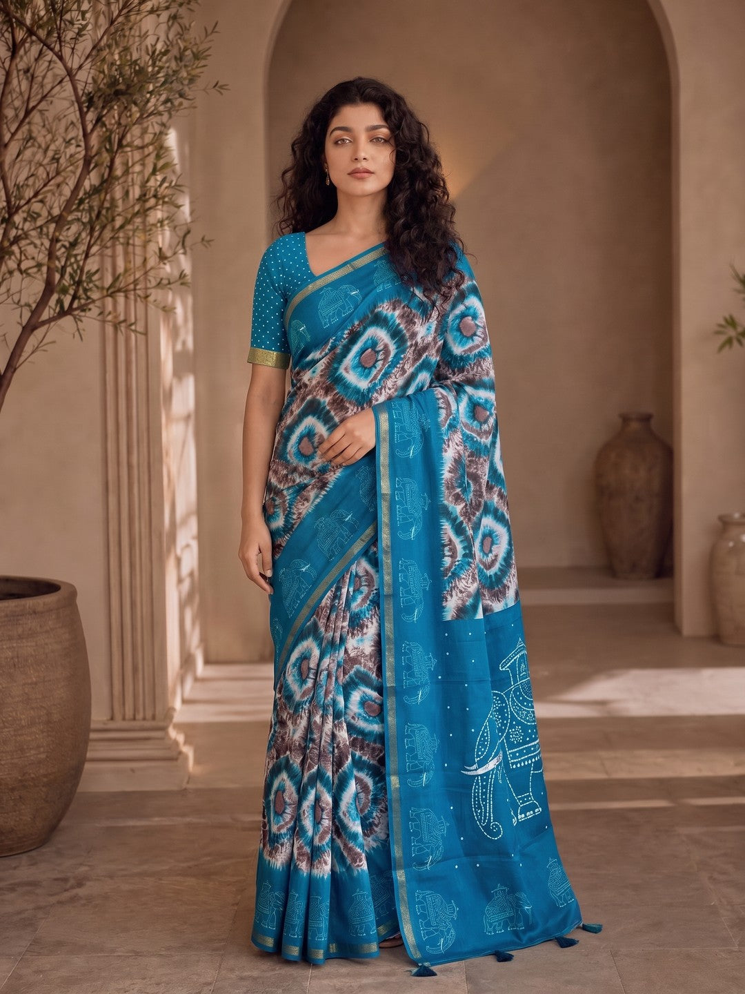 Peachmode Blue Malai Cotton Fancy Digital Print Saree - Image 3