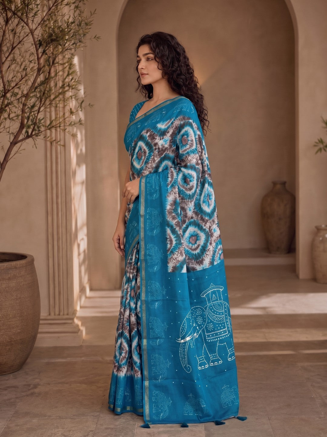 Peachmode Blue Malai Cotton Fancy Digital Print Saree - Image 4