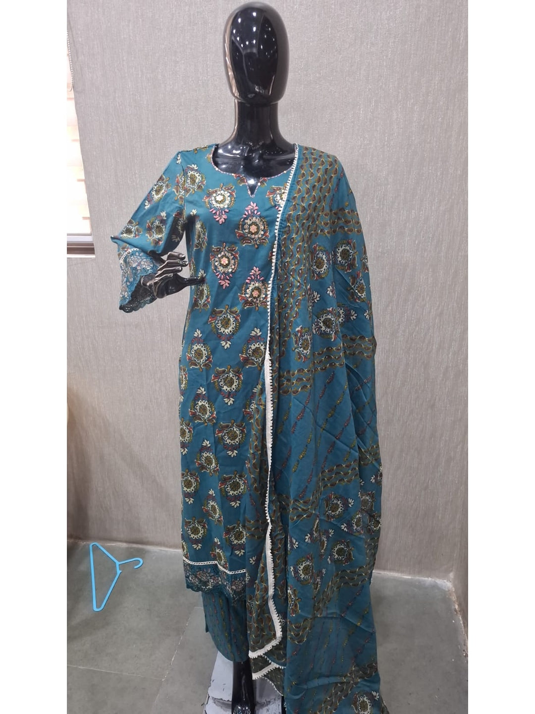 Peacock Blue Cotton Embroidered Salwar Suit Set - Image 2