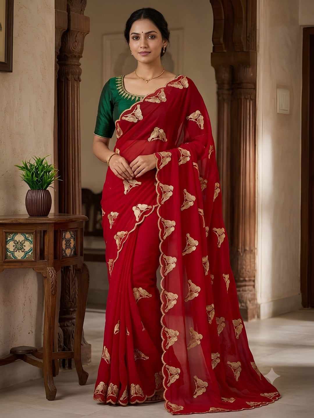 Peachmode Red Georgette Embroidered Saree - Image 1