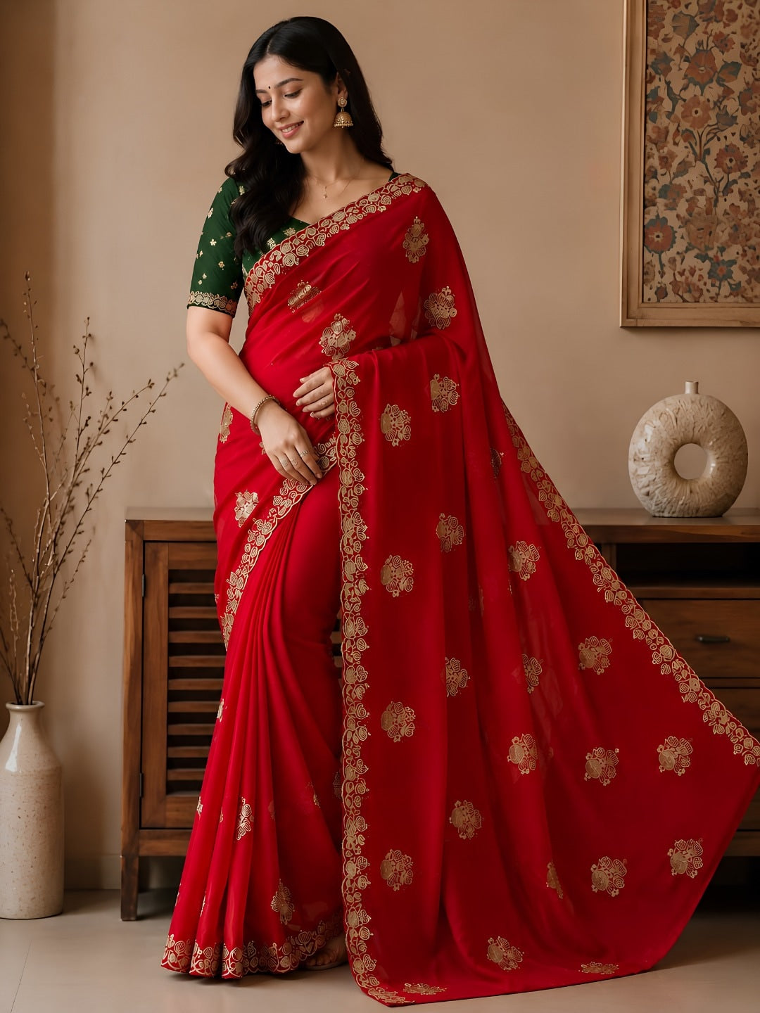 Peachmode Red Georgette Embroidered Saree - Image 1