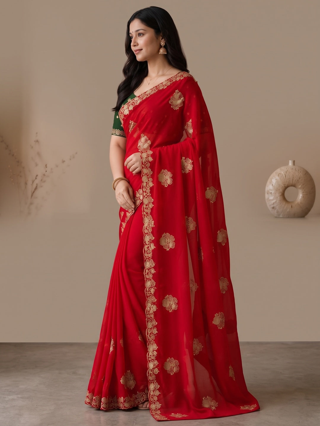 Peachmode Red Georgette Embroidered Saree - Image 3