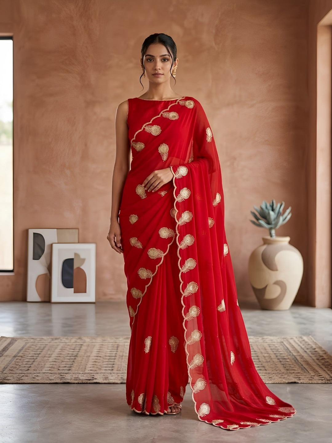 Peachmode Red Georgette Embroidered Saree - Image 1