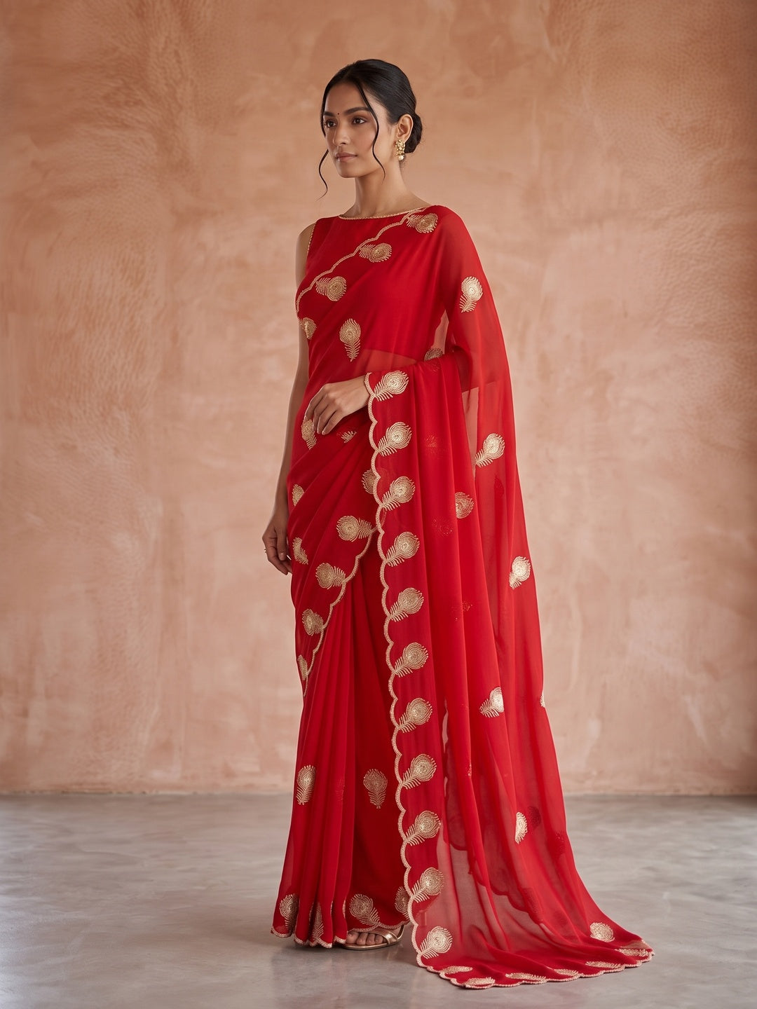 Peachmode Red Georgette Embroidered Saree - Image 3