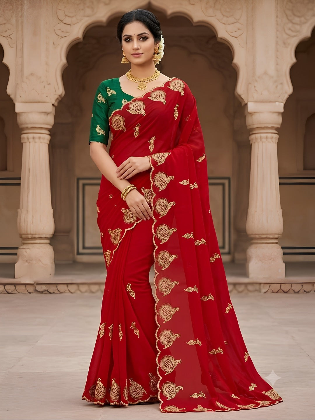 Peachmode Red Georgette Embroidered Saree - Image 1