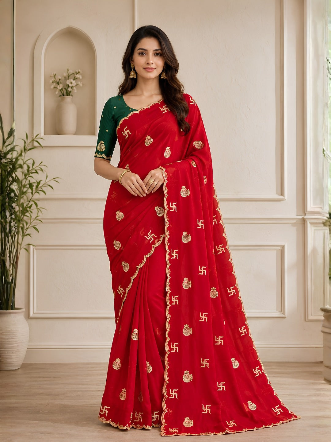 Peachmode Red Georgette Embroidered Saree - Image 1