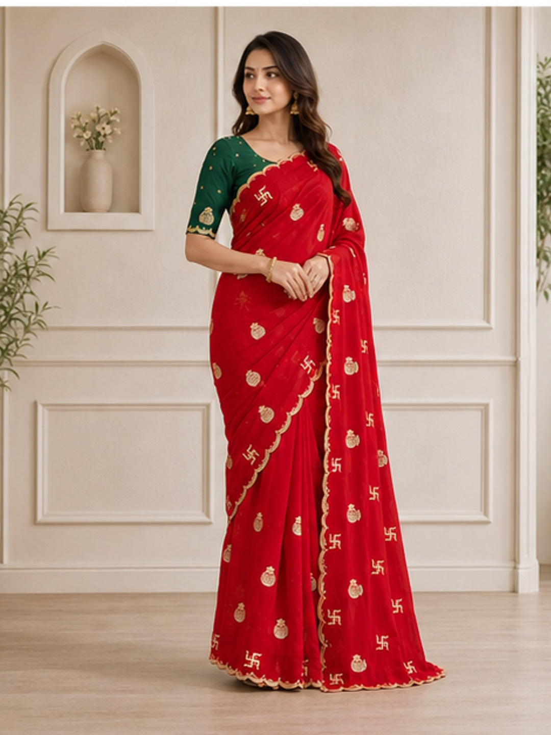 Peachmode Red Georgette Embroidered Saree - Image 4