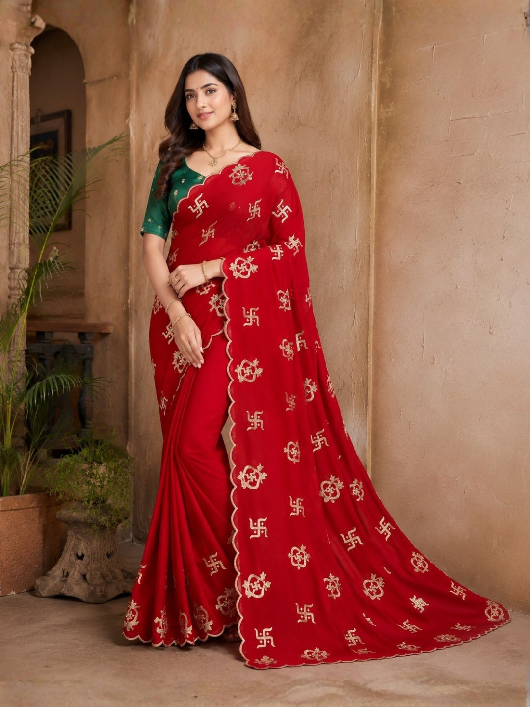 Peachmode Red Georgette Embroidered Saree - Image 1