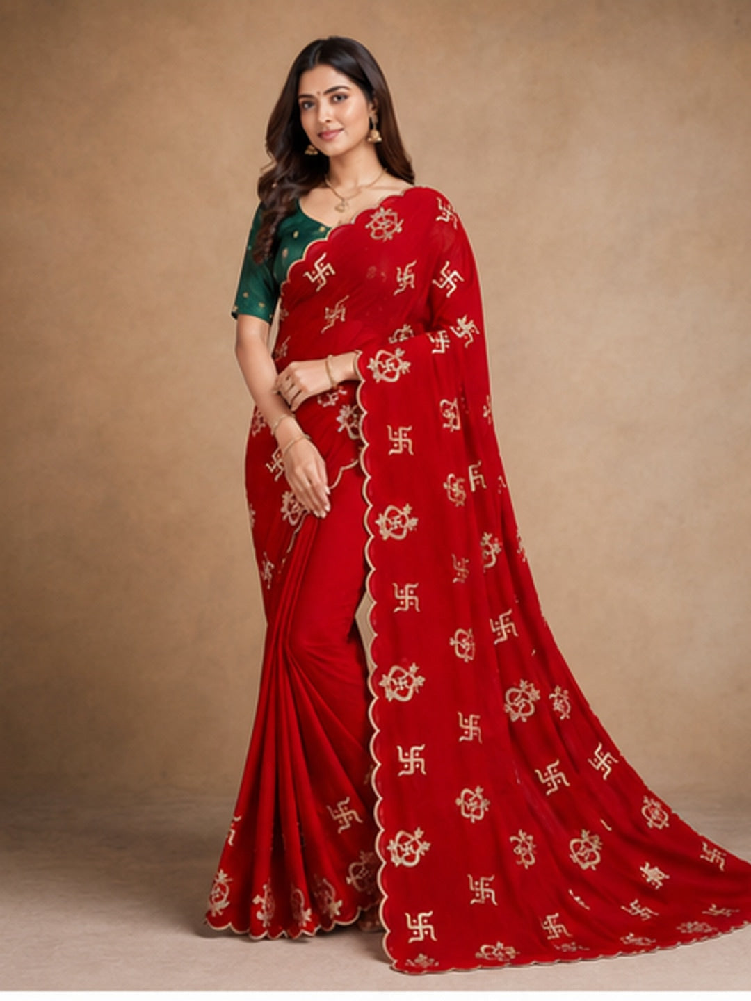 Peachmode Red Georgette Embroidered Saree - Image 2