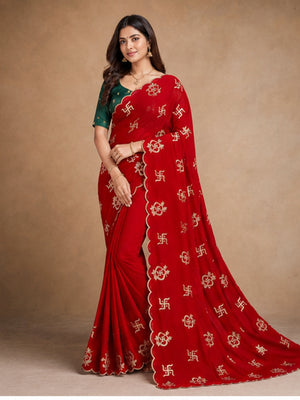 Peachmode Red Georgette Embroidered Saree - Image 2