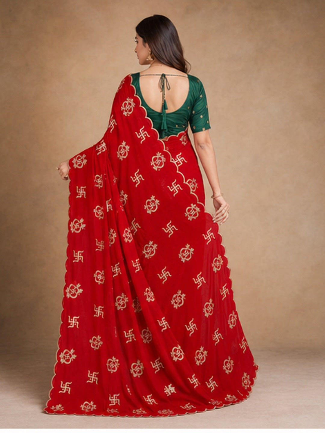 Peachmode Red Georgette Embroidered Saree - Image 3