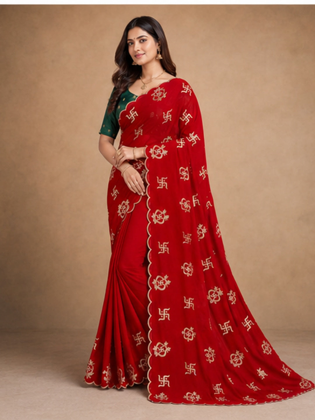 Peachmode Red Georgette Embroidered Saree - Image 4