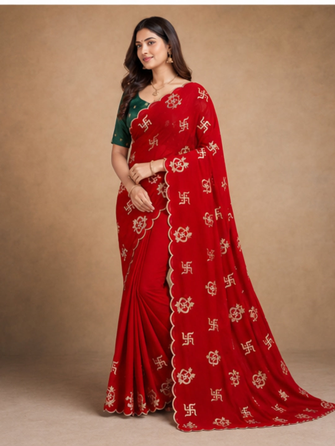 Peachmode Red Georgette Embroidered Saree - Image 5