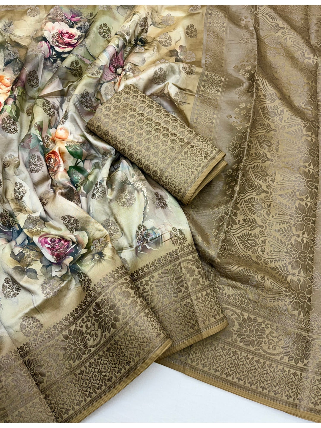 Peachmode Beige Floral Printed Woven Art Silk Saree - Image 3