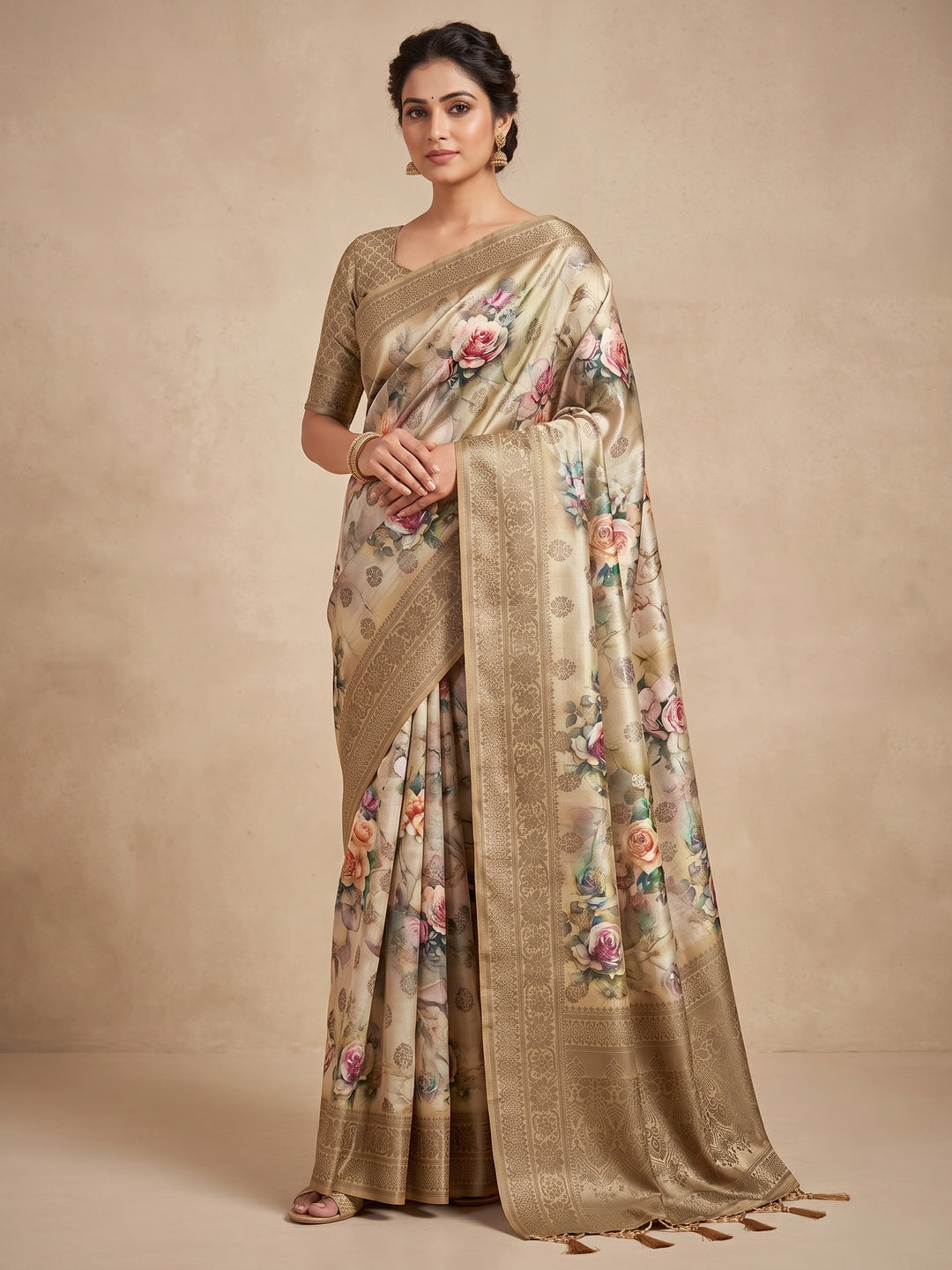Peachmode Beige Floral Printed Woven Art Silk Saree - Image 2