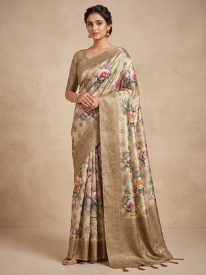Peachmode Beige Floral Printed Woven Art Silk Saree - Image 2