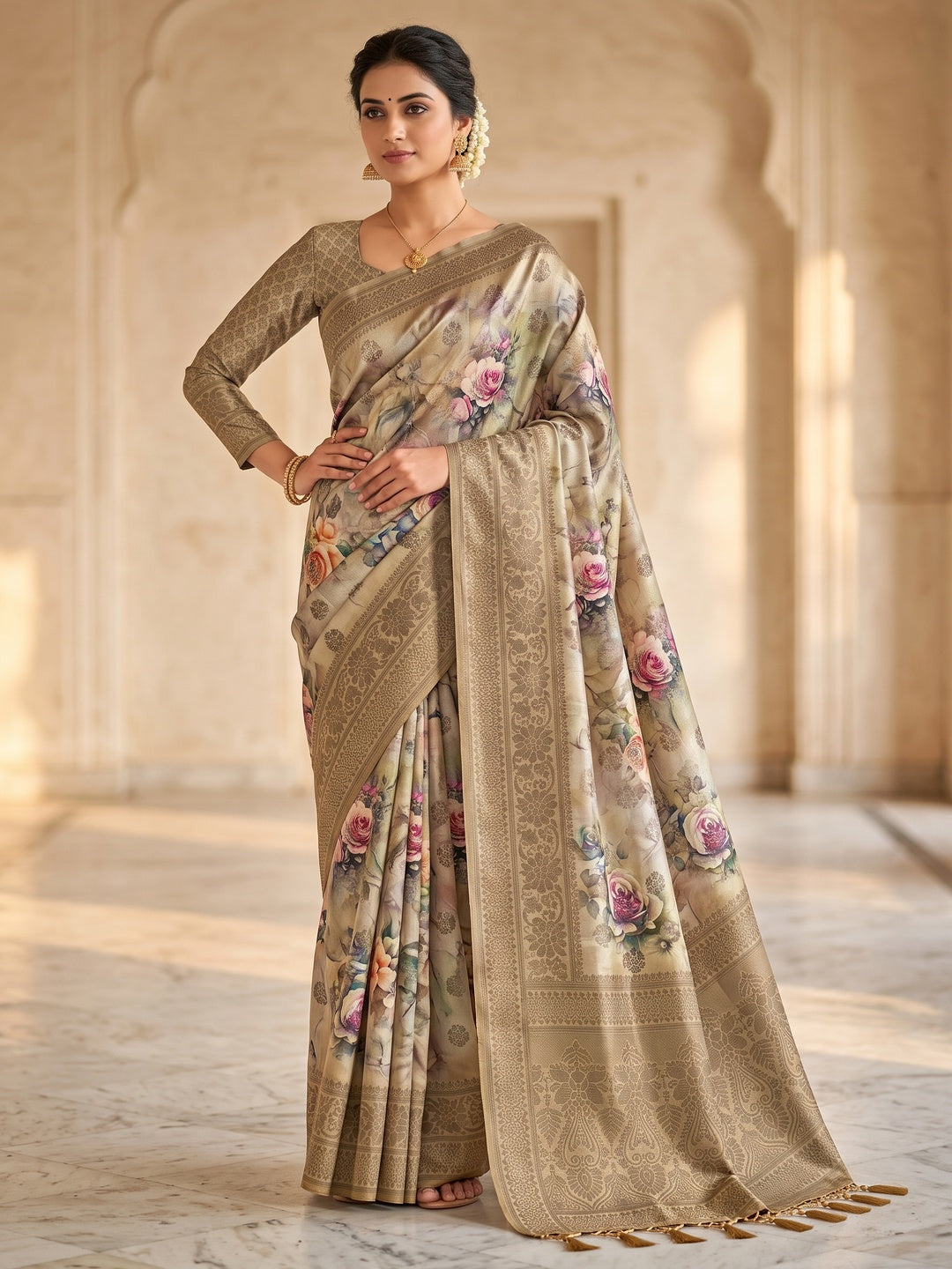 Peachmode Beige Floral Printed Woven Art Silk Saree - Image 1