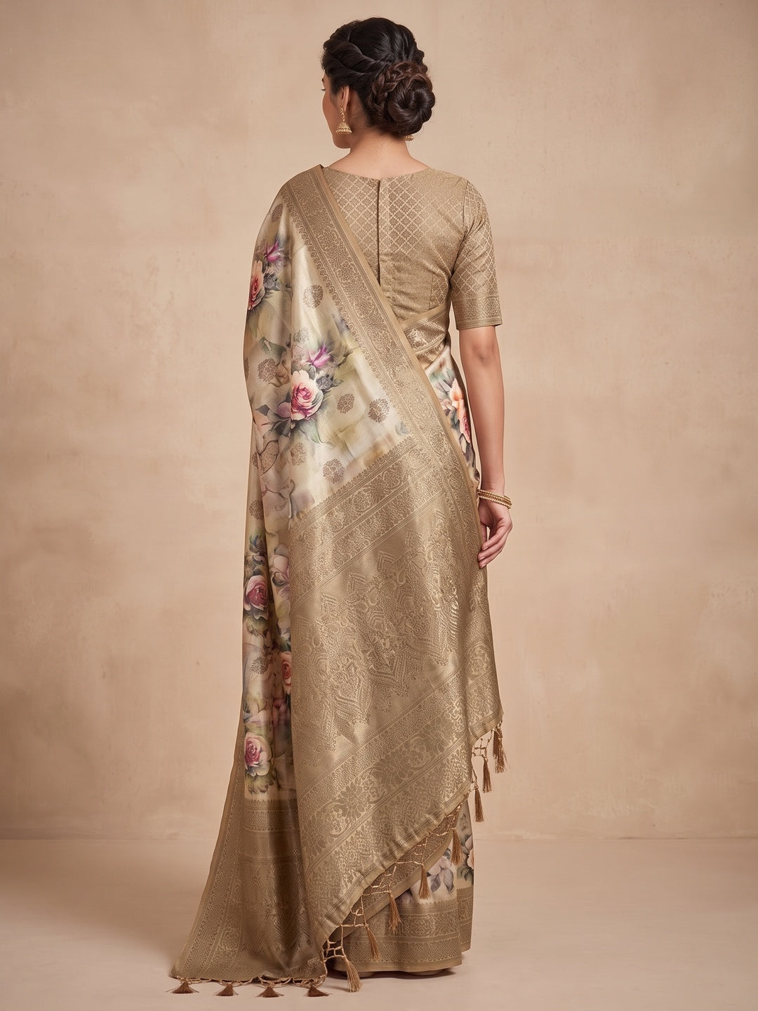 Peachmode Beige Floral Printed Woven Art Silk Saree - Image 5