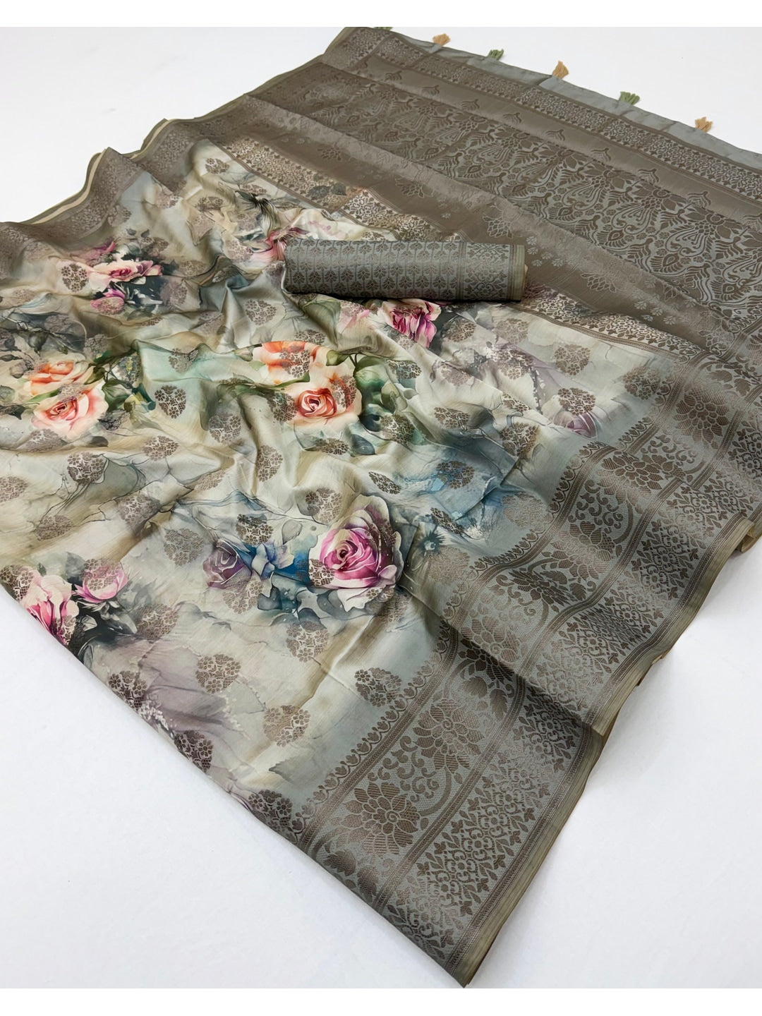 Peachmode Grey Floral Printed Woven Art Silk Saree - Image 4