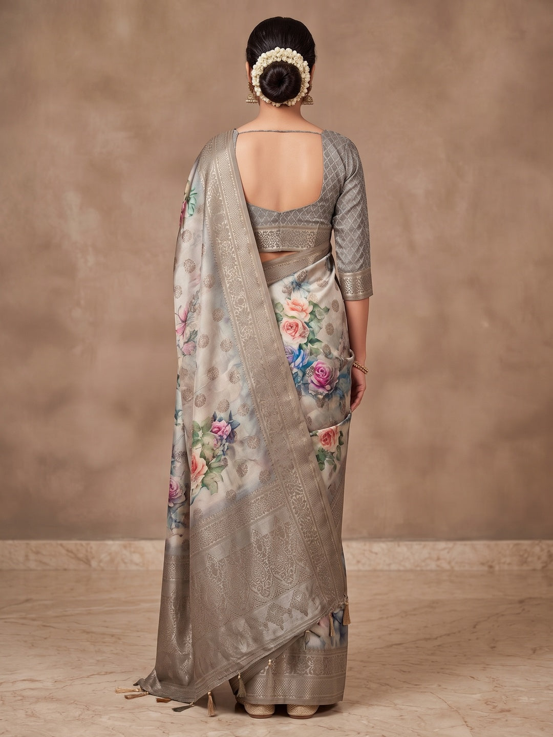 Peachmode Grey Floral Printed Woven Art Silk Saree - Image 5