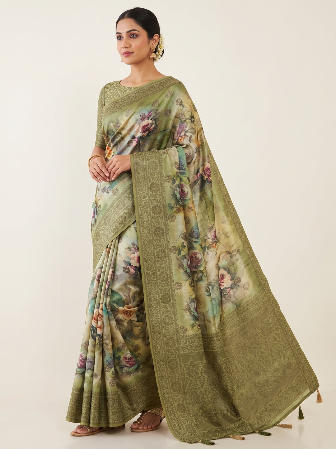 Peachmode Olive Floral Printed Woven Art Silk Saree - Image 1