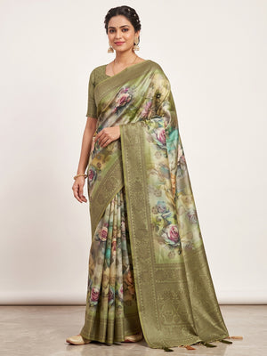 Peachmode Olive Floral Printed Woven Art Silk Saree - Image 2