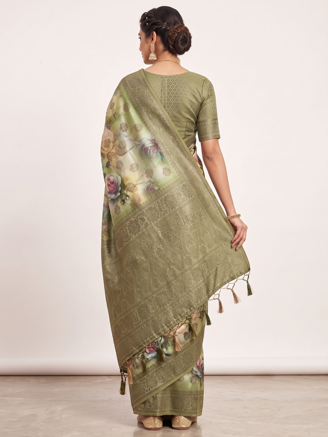 Peachmode Olive Floral Printed Woven Art Silk Saree - Image 5