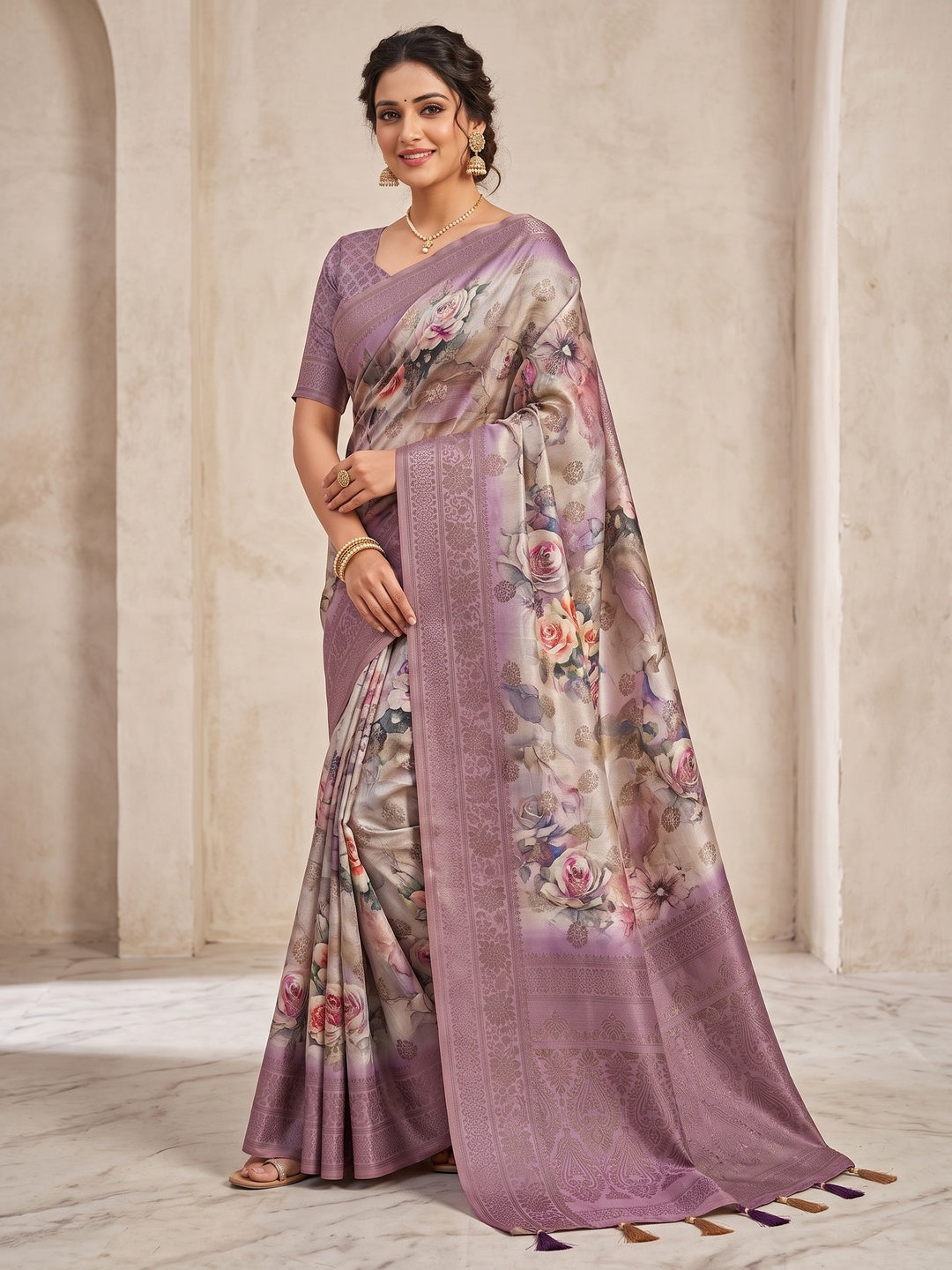 Peachmode Mauve Floral Printed Woven Art Silk Saree - Image 2