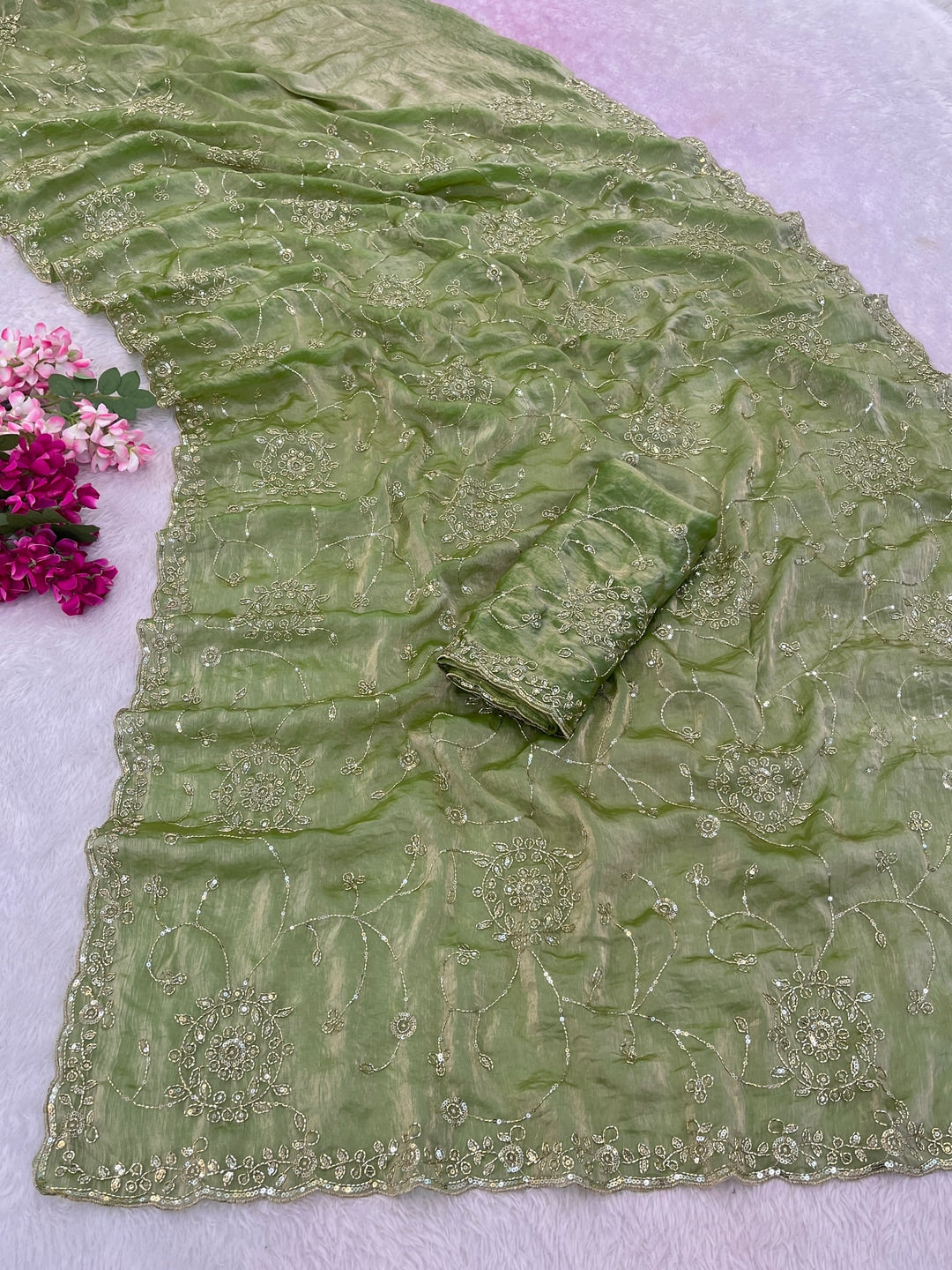 Peachmode Pista Green Embroidered Fendy Satin Silk Saree - Image 2
