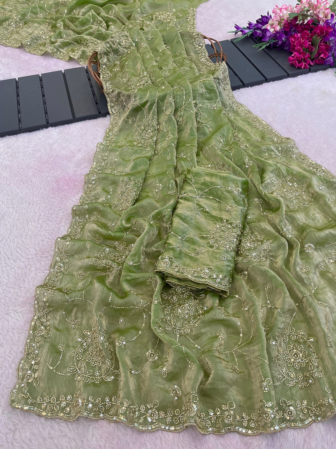 Peachmode Pista Green Embroidered Fendy Satin Silk Saree - Image 3