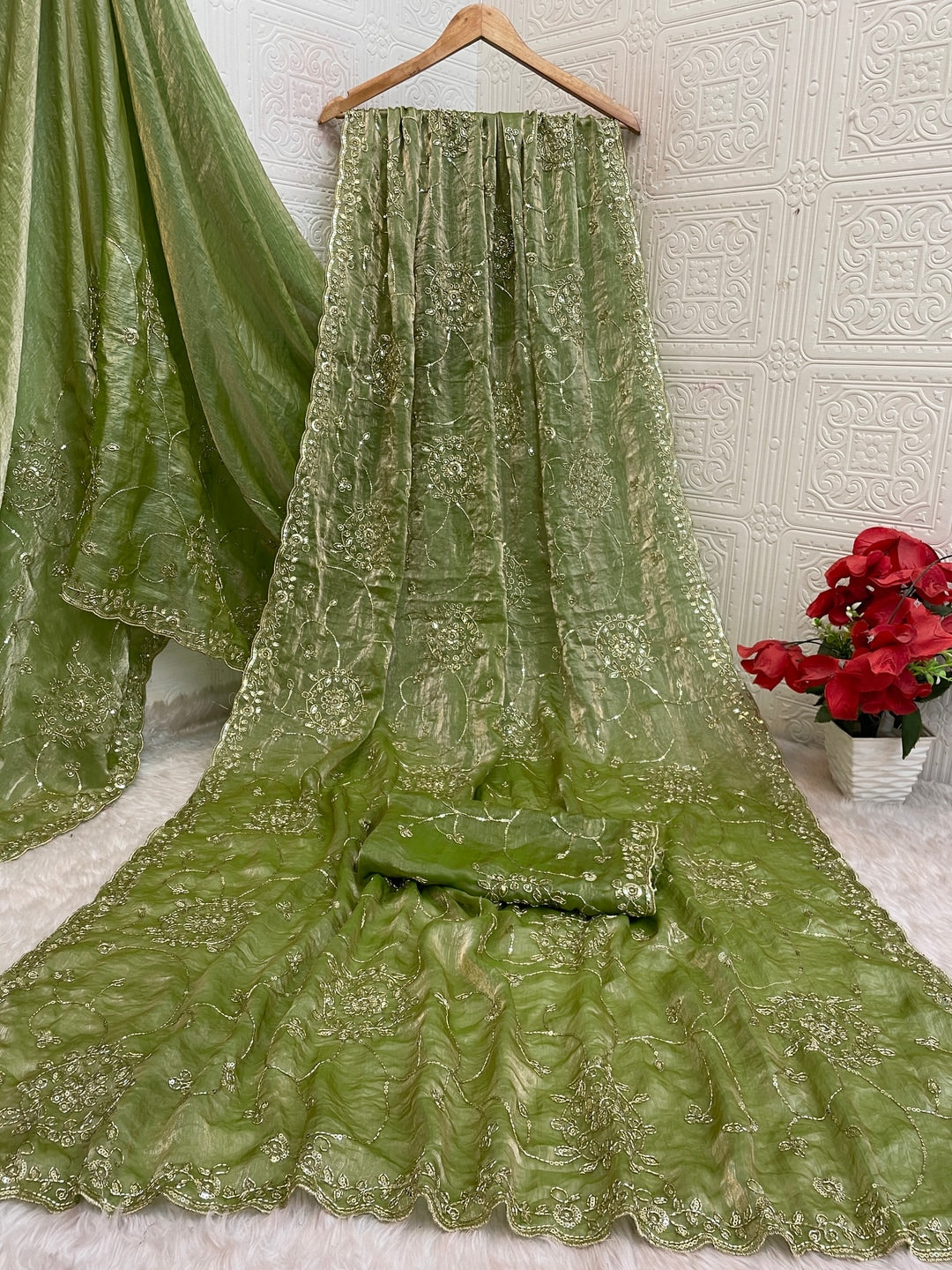 Peachmode Pista Green Embroidered Fendy Satin Silk Saree - Image 4