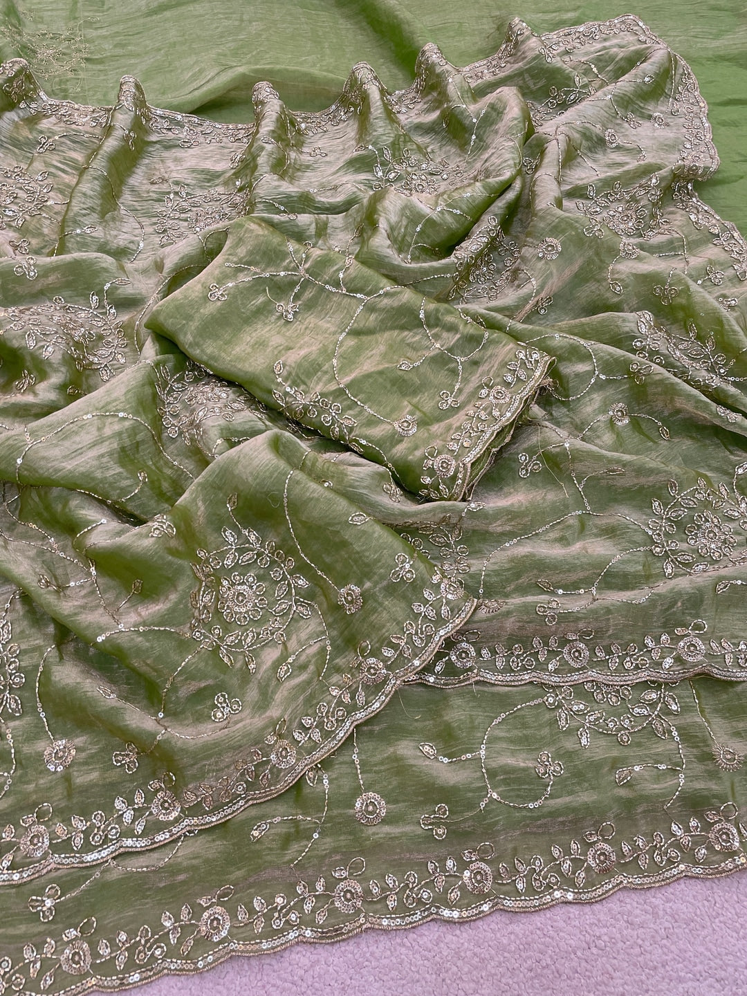 Peachmode Pista Green Embroidered Fendy Satin Silk Saree - Image 5