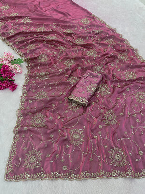 Peachmode Dusty Pink Embroidered Fendy Satin Silk Saree - Image 2