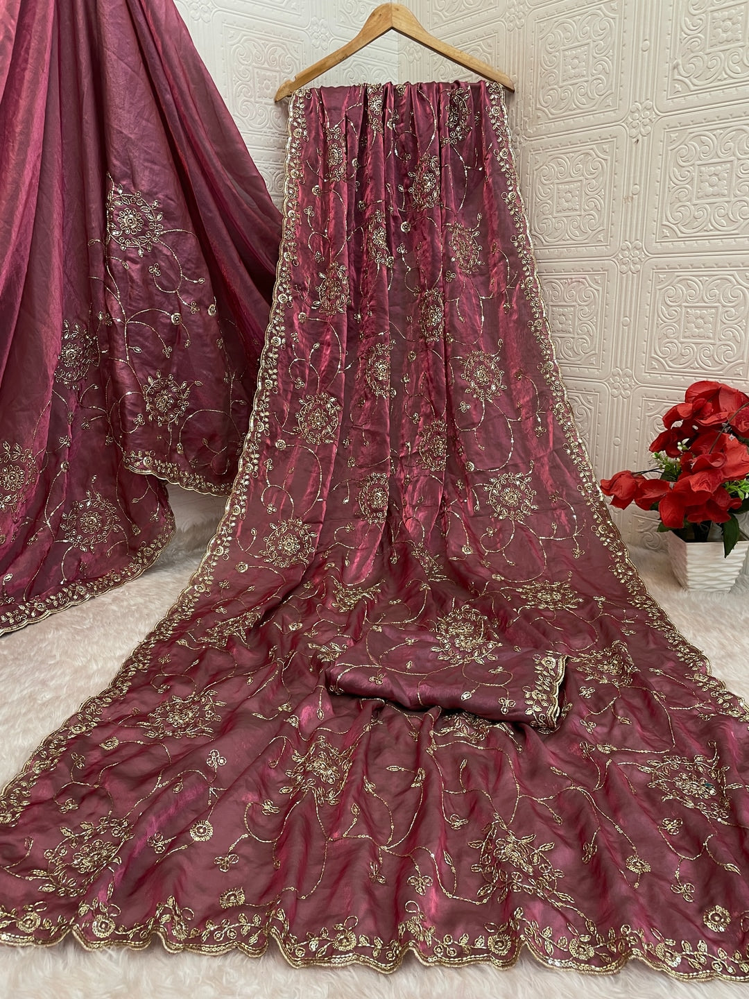 Peachmode Dusty Pink Embroidered Fendy Satin Silk Saree - Image 4