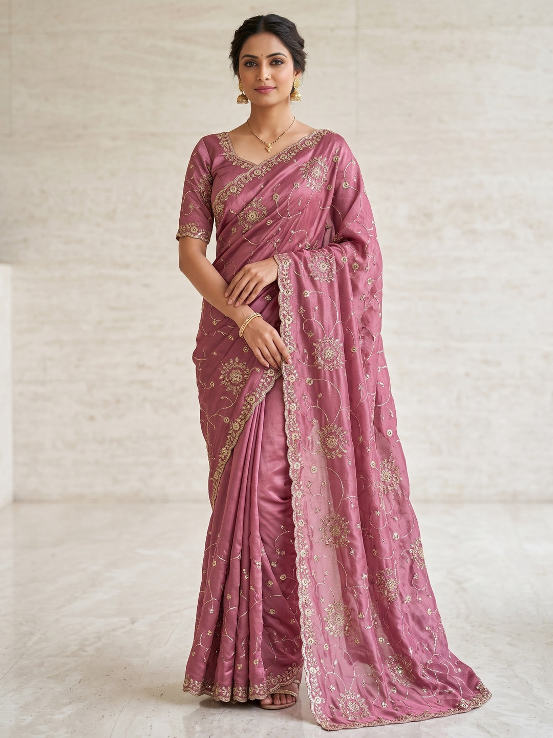 Peachmode Dusty Pink Embroidered Fendy Satin Silk Saree - Image 1