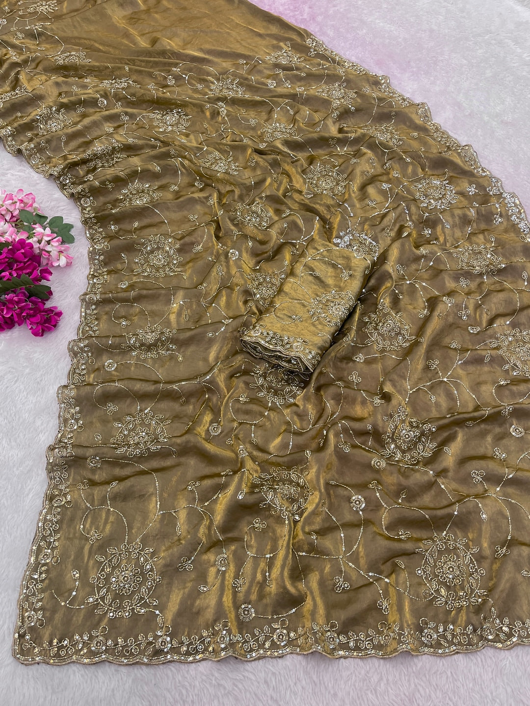 Peachmode Dusty Gold Embroidered Fendy Satin Silk Saree - Image 2