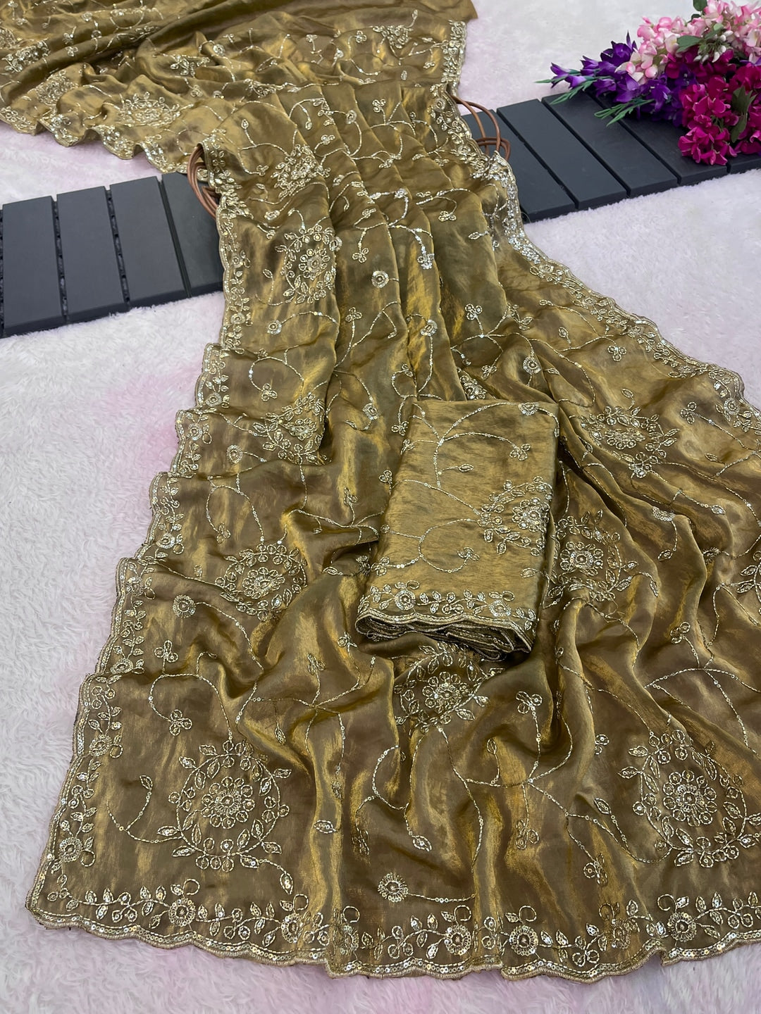 Peachmode Dusty Gold Embroidered Fendy Satin Silk Saree - Image 3