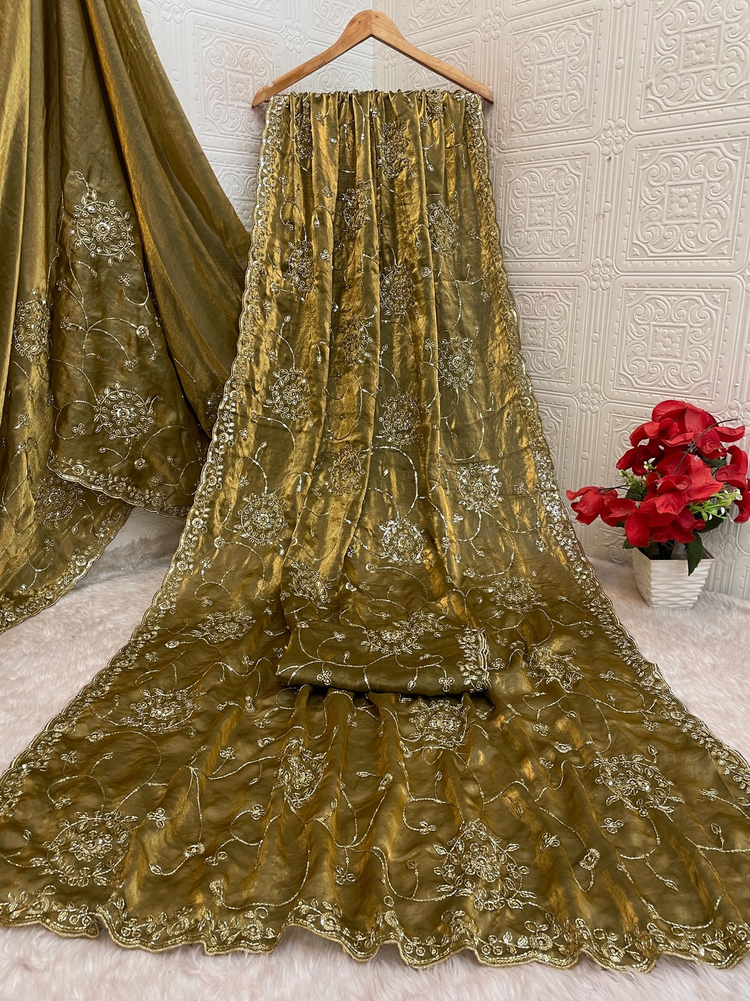 Peachmode Dusty Gold Embroidered Fendy Satin Silk Saree - Image 4