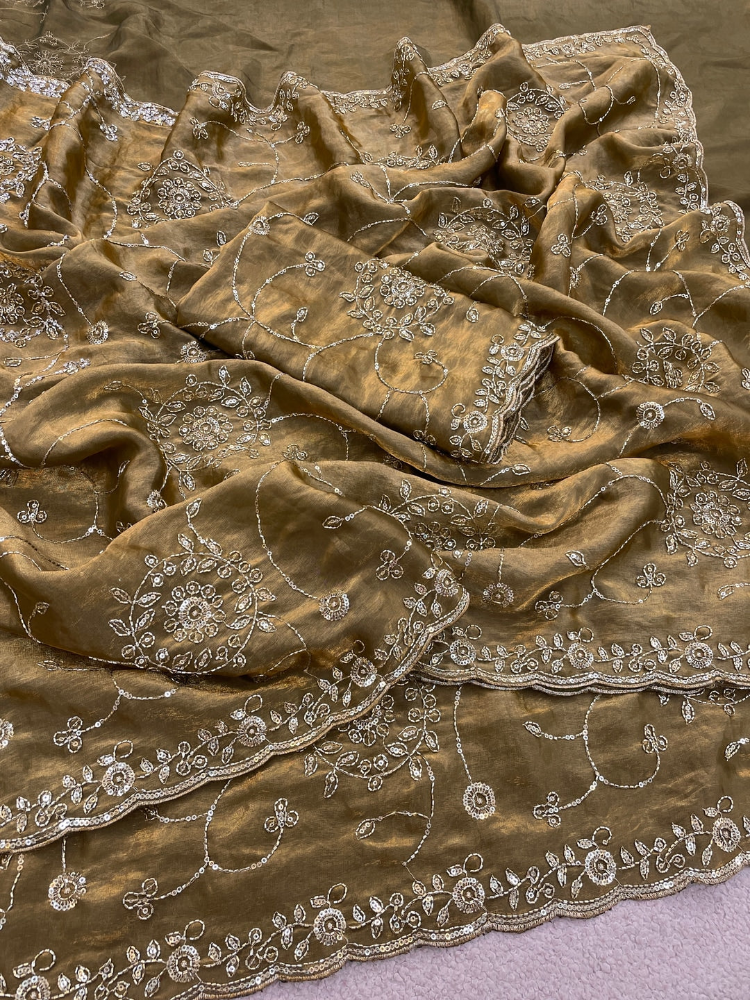 Peachmode Dusty Gold Embroidered Fendy Satin Silk Saree - Image 5