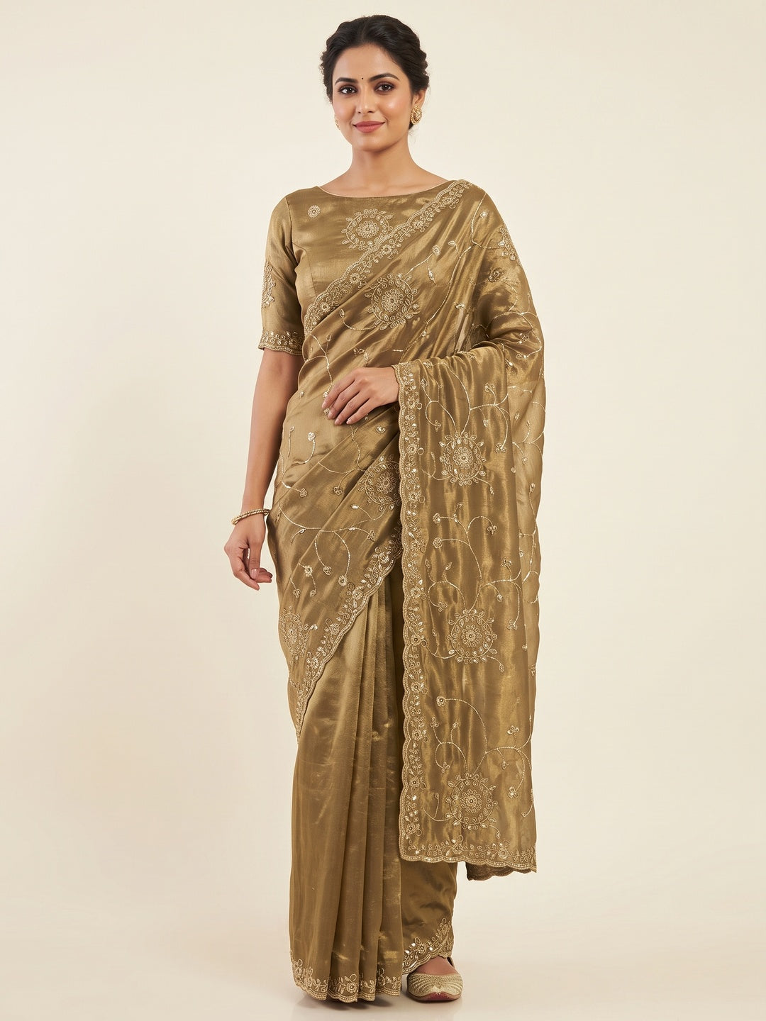 Peachmode Dusty Gold Embroidered Fendy Satin Silk Saree - Image 1