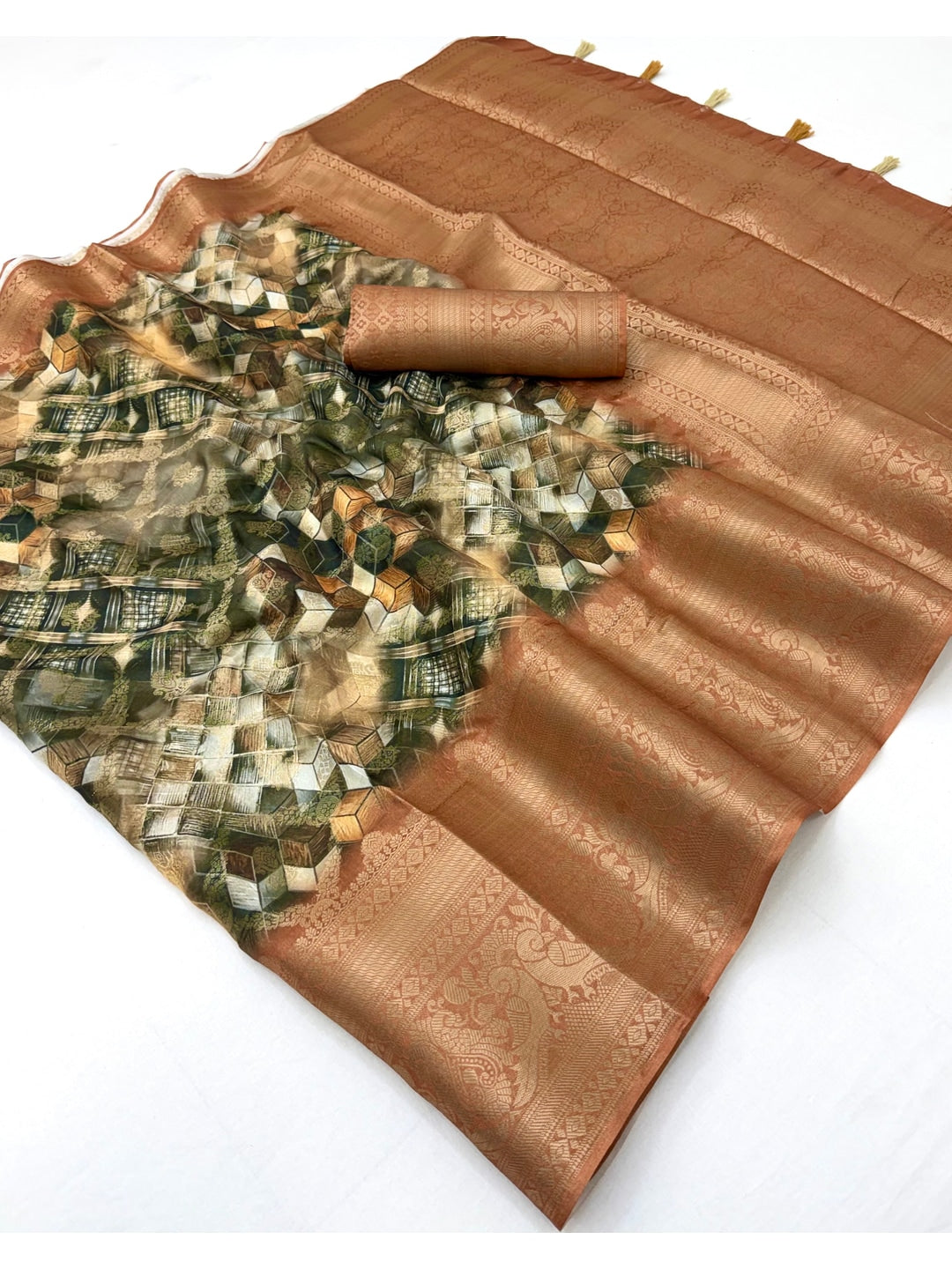 Peachmode Copper Geometric Printed Woven Art Silk Saree - Image 2