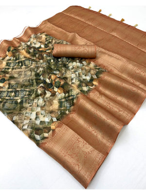 Peachmode Copper Geometric Printed Woven Art Silk Saree - Image 2