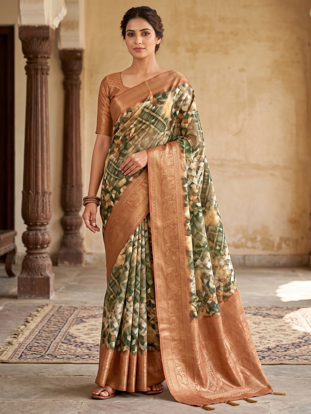 Peachmode Copper Geometric Printed Woven Art Silk Saree - Image 1